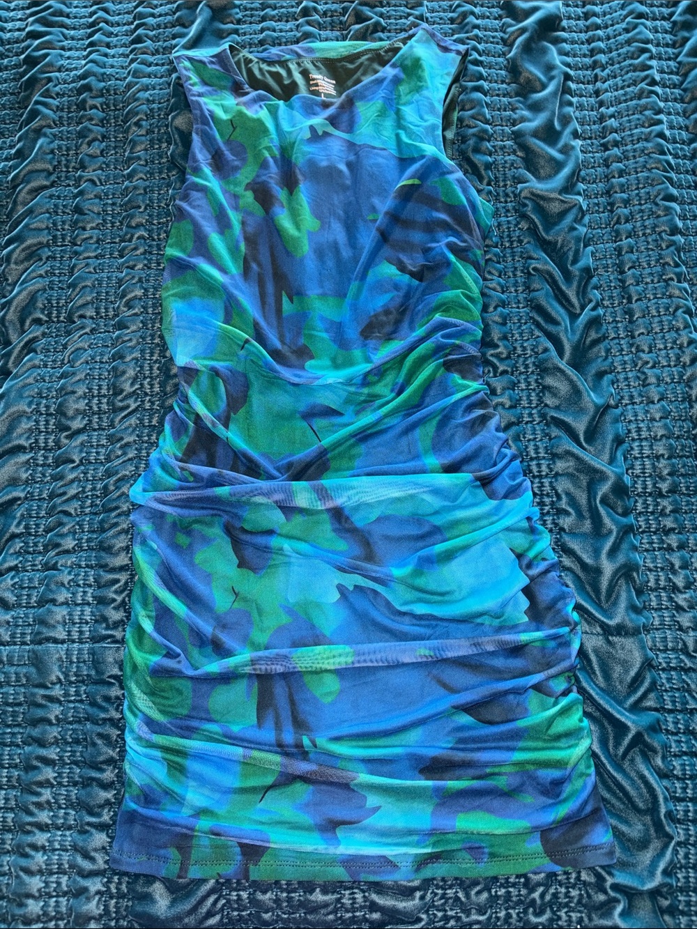 Sleeveless Ruched Mini Dress in Blue & Green